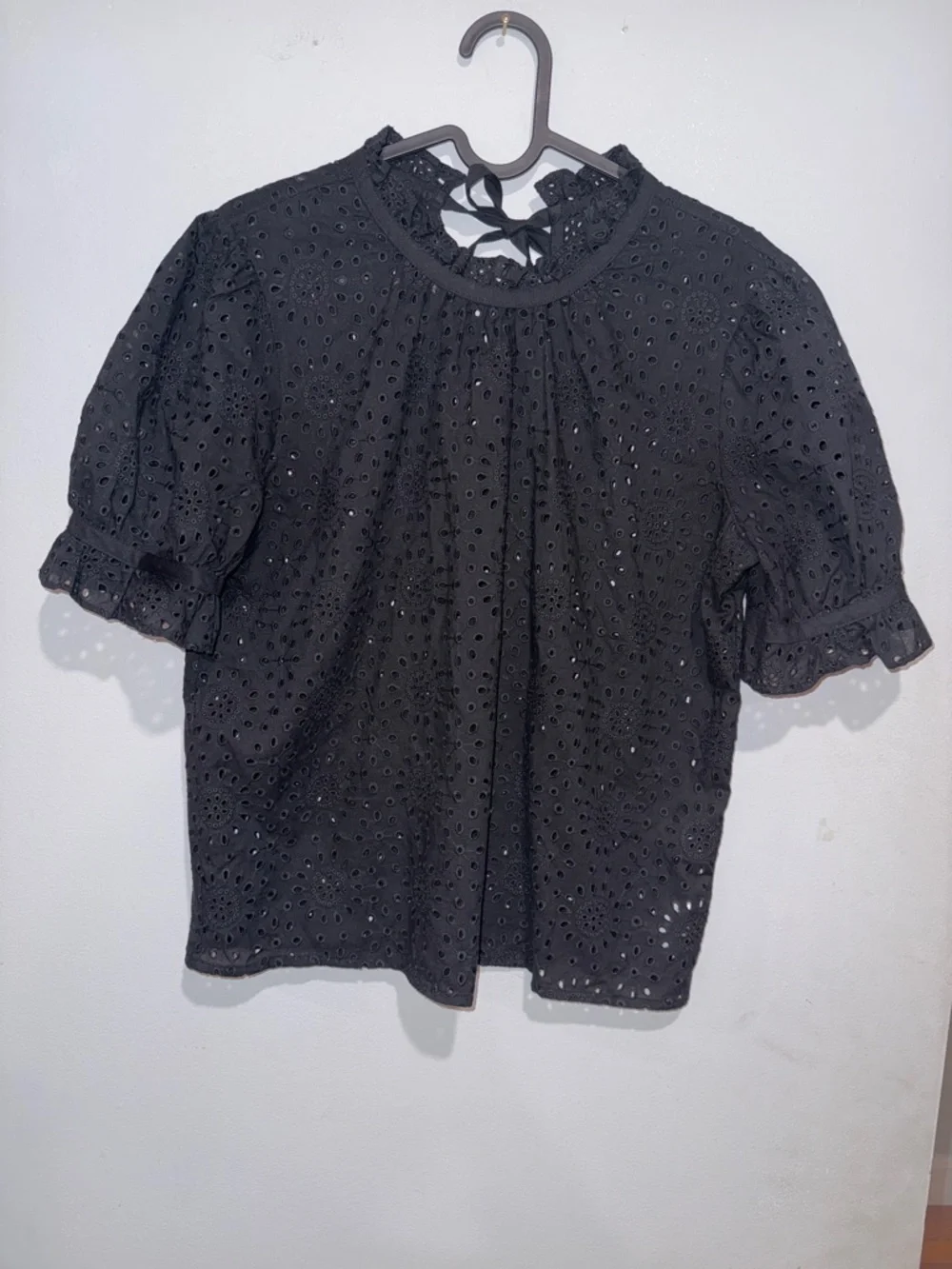 Madewell Black Eyelet Ruffle-Neck Puff Sleeve Top